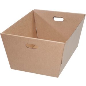 A plain, brown MH-USA 25 x 19 x 12 corrugated tote with open top and cut-out handles on the shorter sides, empty against a white background.
