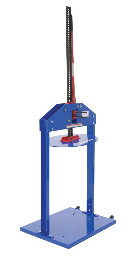 The blue metal can crusher features a vertical handle and lever mechanism similar to the Vestil Mechanical Trash Compactor for 55 Gal Drums. With a sturdy base and circular crushing platform, it offers sleek industrial design ideal for compressing metal containers.
