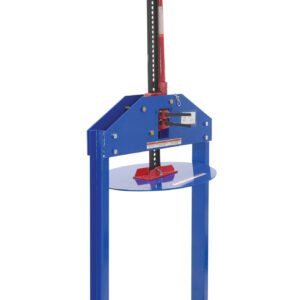 The blue metal can crusher features a vertical handle and lever mechanism similar to the Vestil Mechanical Trash Compactor for 55 Gal Drums. With a sturdy base and circular crushing platform, it offers sleek industrial design ideal for compressing metal containers.