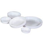 A set of white disposable plastic plates in various sizes, echoing MH-USA 4 Plastic End Caps. Stacked in small groups by size, they feature a simple round design ideal for versatile serving needs.