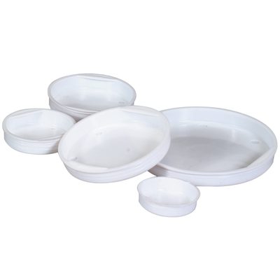 MTCAP8.jpg A neatly arranged collection of white round plastic containers with lids, in various sizes, resembles the precise uniformity of MH-USAs 8 Plastic End Caps (100/Case) on a white surface.