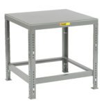 The Little Giant Heavy-Duty Machine Table is a robust, gray square metal table featuring a sturdy frame, adjustable height, and smooth top surface. It stands on four legs with bolt holes for adjustments and has a yellow label affixed to the front edge.