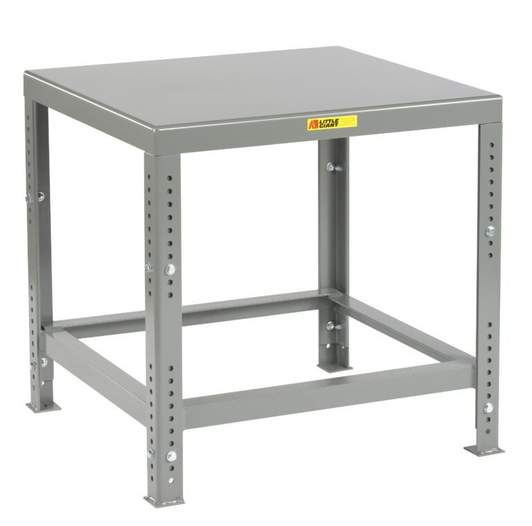 The Little Giant Heavy-Duty Machine Table is a robust, gray square metal table featuring a sturdy frame, adjustable height, and smooth top surface. It stands on four legs with bolt holes for adjustments and has a yellow label affixed to the front edge.