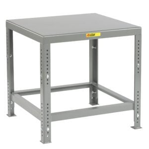 The Little Giant Heavy-Duty Machine Table is a robust, gray square metal table featuring a sturdy frame, adjustable height, and smooth top surface. It stands on four legs with bolt holes for adjustments and has a yellow label affixed to the front edge.
