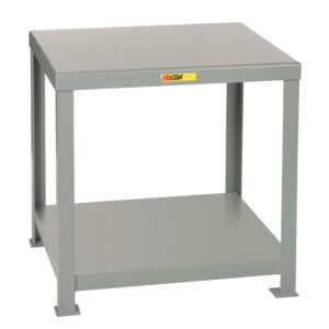 The Little Giant Heavy-Duty Machine Table features a gray metal rectangular frame, flat top, and open lower shelf with an industrial design. A small yellow label adorns the front edge, making it an ideal addition to any workshop or garage.
