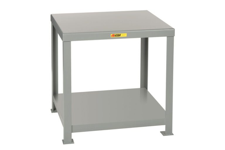 The Little Giant Heavy-Duty Machine Table features a gray metal rectangular frame, flat top, and open lower shelf with an industrial design. A small yellow label adorns the front edge, making it an ideal addition to any workshop or garage.