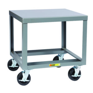 A gray rectangular metal utility cart, similar to the sturdy Little Giant 7 Gauge Mobile Machine Table, has a flat top surface and four swivel wheels. Its open bottom frame is perfect for transporting items, with the manufacturers label on the front bottom edge.