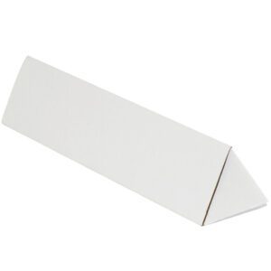 A white cardboard triangular prism, similar to the MH-USA 2 x 18 1/4 White Triangle Mailing Tubes (50/Bundle), is set against a pristine white background.
