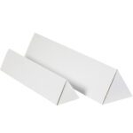 Two MH-USA 3 x 30 1/4 White Triangle Mailing Tubes (50/Bundle) are displayed against a white background, with the larger tube positioned behind the smaller one, highlighting their distinctive prism shape and suitability for shipping.
