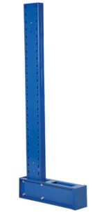 The Vestil Cantilever Single Upright Md 6Ft 12 Arm showcases a tall blue metal bracket with adjustable holes, attached to a rectangular base with bolts. It stands 6 feet tall with a sturdy 12 arm against a plain white background.