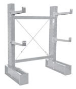The Vestil Galv Cantilever 6 Single Side 24 Arm Set warehouse racking system features a sturdy open-frame and adjustable supports with cross-bracing and a silver finish, ensuring stability for industrial storage needs.