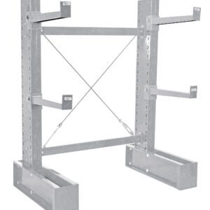 The Vestil Galv Cantilever 6 Single Side 24 Arm Set warehouse racking system features a sturdy open-frame and adjustable supports with cross-bracing and a silver finish, ensuring stability for industrial storage needs.