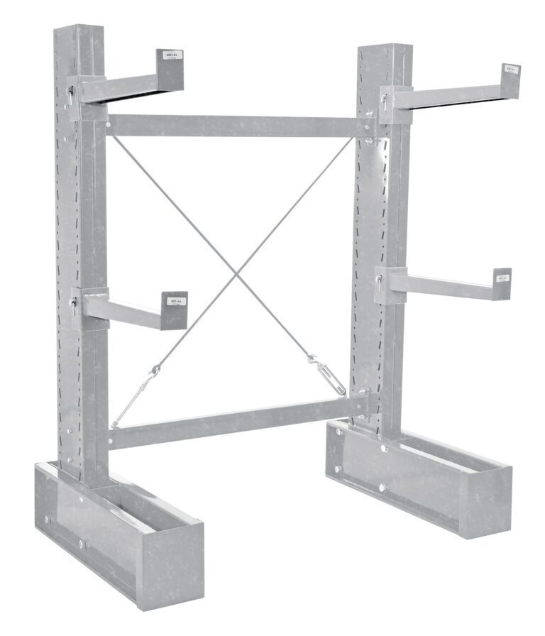 MU-C-6-24-G-SET_A.jpg The Vestil Galv Cantilever 6 Single Side 24 Arm Set warehouse racking system features a sturdy open-frame and adjustable supports with cross-bracing and a silver finish, ensuring stability for industrial storage needs.