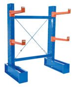 The Vestil Cantilever 6 Ft Single Side 24 Arm Set includes two vertical supports and adjustable orange arms on each side, with centered diagonal bracing for added stability, ideal for securely holding materials or equipment.