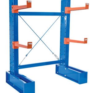 The Vestil Cantilever 6 Ft Single Side 24 Arm Set includes two vertical supports and adjustable orange arms on each side, with centered diagonal bracing for added stability, ideal for securely holding materials or equipment.