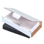 A partially opened MH-USA 8 1/4 x 4 3/8 x 1 3/16 white video tape mailer reveals a black rectangular electronic device inside, set against a pristine white background.