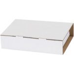 A plain MH-USA 8 1/2 x 7 5/8 x 2 1/16 White Video Tape Mailer, ideal for packaging or storage, is centered against a white background. This rectangular cardboard box comes in bundles of 20.
