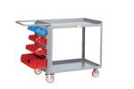 The Little Giant Maintenance Workstation with Pegboard or Louvered Storage is a gray metal utility cart featuring a handle, four red wheels, two shelves, a side rack, and red and blue storage bins for efficient tool organization.
