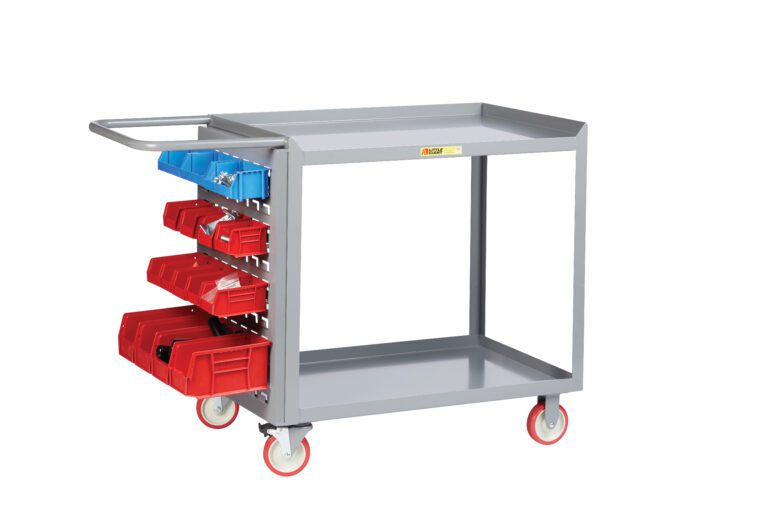 The Little Giant Maintenance Workstation with Pegboard or Louvered Storage is a gray metal utility cart featuring a handle, four red wheels, two shelves, a side rack, and red and blue storage bins for efficient tool organization.
