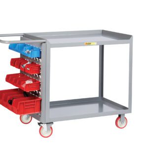 The Little Giant Maintenance Workstation with Pegboard or Louvered Storage is a gray metal utility cart featuring a handle, four red wheels, two shelves, a side rack, and red and blue storage bins for efficient tool organization.