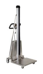 The Vestil Lightweight DC Power Stainless Steel Lift, with a 330 lb capacity, has a long handle and four wheels for easy transport. Its ergonomic handlebar ensures comfort while the platform is lowered for loading.
