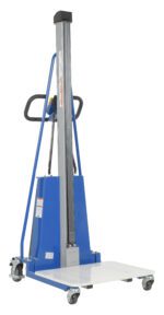 The Vestil Lightweight DC Pwr Lift 330 Cap is a blue manual lift truck with a durable metal frame, black handles, and a white platform. It features four wheels for easy movement and efficient lifting of heavy items.