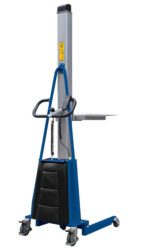 The Vestil Lightweight Dc Pwr Lift 550 Cap, with a 550 lb capacity, features a blue and black design. It includes a tall column, small platform, wheels for mobility, control handle, operation cable, and prominently displays a yellow caution label at the top.