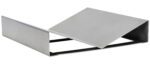 A sleek metal sculpture with geometric shapes, similar to a Vestil Work Positioner Optional V Block, features a triangular form above a rectangular base. It exudes modern minimalism with smooth metallic surfaces and could easily incorporate an optional V Block for added versatility.