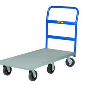 The Little Giant 6-Wheel Platform Truck boasts a blue and gray design with a flatbed, four sturdy black wheels, and a blue handlebar for easy maneuvering, reliably transporting heavy loads.