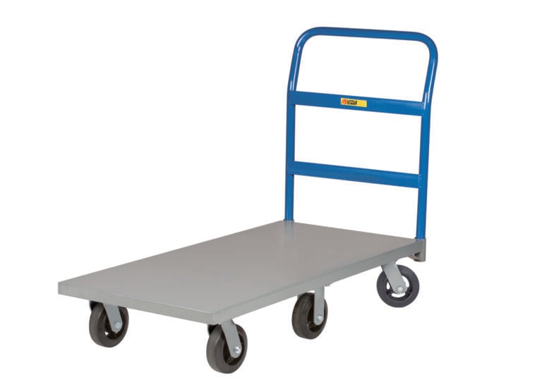 The Little Giant 6-Wheel Platform Truck boasts a blue and gray design with a flatbed, four sturdy black wheels, and a blue handlebar for easy maneuvering, reliably transporting heavy loads.