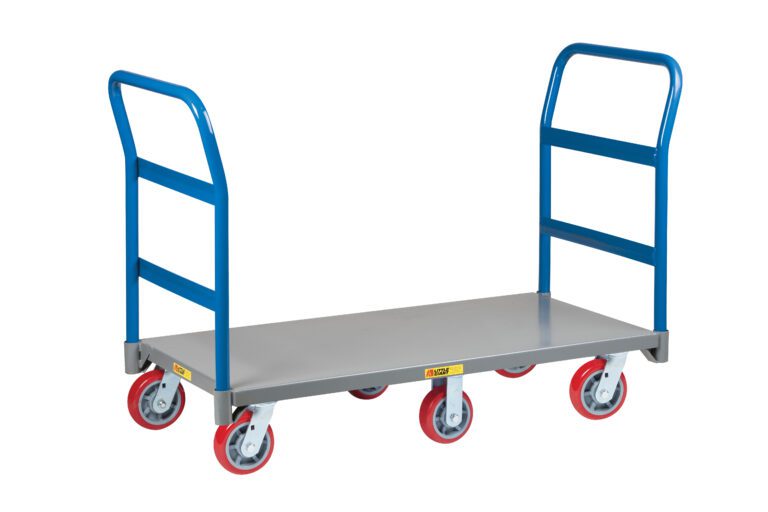 The Little Giant 6-Wheel Platform Truck - 2 Handles features two blue handles, six red swivel casters, and a sturdy gray metal base, making it perfect for effortlessly transporting heavy items with its simple design.