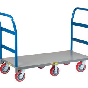 The Little Giant 6-Wheel Platform Truck - 2 Handles features two blue handles, six red swivel casters, and a sturdy gray metal base, making it perfect for effortlessly transporting heavy items with its simple design.