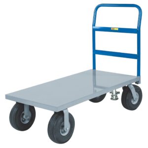 The Little Giant Cushion-Load Platform Truck in gray features a blue handle and four black pneumatic tires, with two large wheels at the back and two at the front, providing an easy way to transport heavy items.