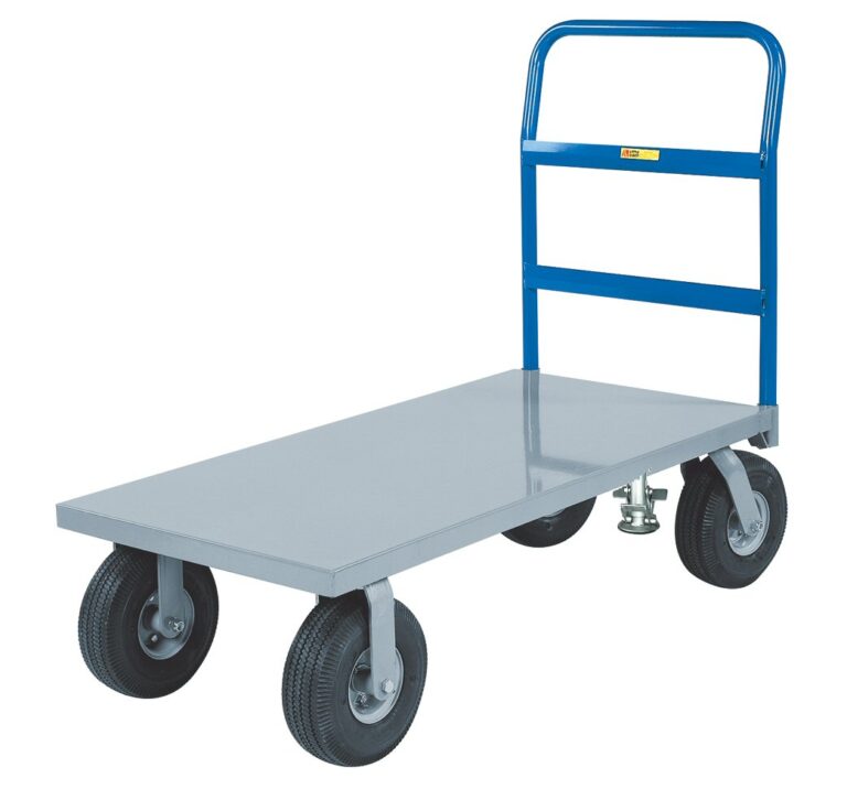 The Little Giant Cushion-Load Platform Truck in gray features a blue handle and four black pneumatic tires, with two large wheels at the back and two at the front, providing an easy way to transport heavy items.