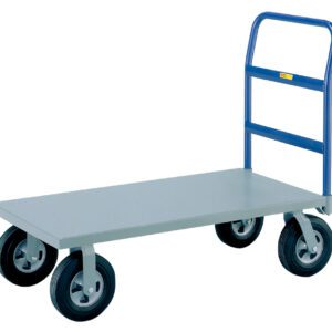 The Little Giant Cushion-Load Platform Truck, with puncture-proof black tires and a sturdy gray platform, features a blue handle designed for transporting heavy items efficiently.