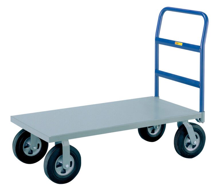 The Little Giant Cushion-Load Platform Truck, with puncture-proof black tires and a sturdy gray platform, features a blue handle designed for transporting heavy items efficiently.