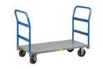 The Little Giant Double Handle Platform Truck boasts a robust metal platform with blue handles on each end and four swivel wheels, ideal for easy transport of heavy items.