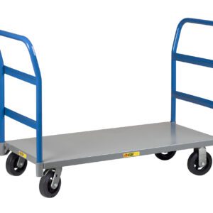 The Little Giant Double Handle Platform Truck boasts a robust metal platform with blue handles on each end and four swivel wheels, ideal for easy transport of heavy items.