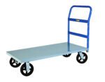 The Little Giant Heavy-Duty Platform Trucks feature a blue handle and four black swivel wheels, ensuring easy maneuverability. The large flat gray surface is perfect for transporting items, combining durability with a practical design.