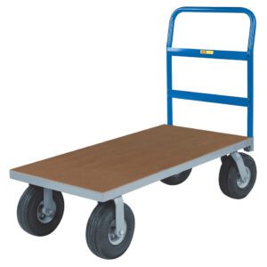 The Little Giant Platform Truck with Alternative Deck Surfaces has a blue metal frame and handle, large black wheels, and a wooden deck. Its ideal for moving heavy items in warehouses or workshops, offering different deck surface options to meet various needs.