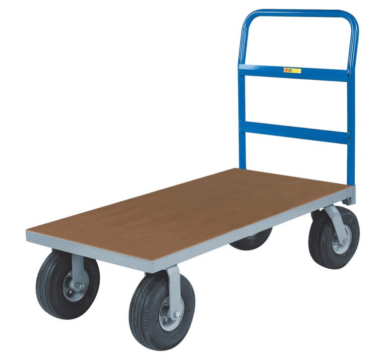 The Little Giant Platform Truck with Alternative Deck Surfaces has a blue metal frame and handle, large black wheels, and a wooden deck. Its ideal for moving heavy items in warehouses or workshops, offering different deck surface options to meet various needs.