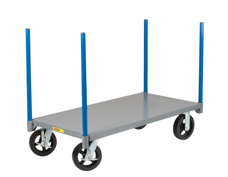 The Little Giant Pipe Stake Truck is a gray, flat, rectangular platform cart featuring four large black wheels and four upright blue corner poles, designed for easy item transport.