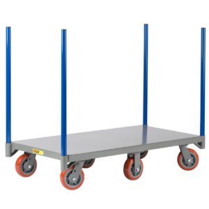 The Little Giant 6-Wheel Pipe Stake Truck includes a gray platform with four vertical blue posts and six red wheels, ensuring smooth maneuverability for transporting bulky or heavy items efficiently.