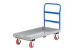 A gray Little Giant 3-inch Lip Edge Platform Truck with a blue handle and four red wheels is angled, showcasing its sturdy construction and maneuverability, ideal for efficiently transporting items.