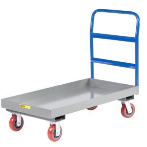 A gray Little Giant 3-inch Lip Edge Platform Truck with a blue handle and four red wheels is angled, showcasing its sturdy construction and maneuverability, ideal for efficiently transporting items.