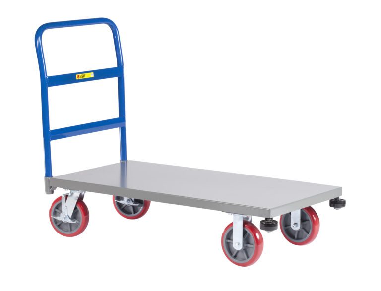 Discover the Little Giant Platform Trucks with Corner Bumpers. Designed with a flat, gray platform, blue handle, and four red wheels for easy maneuverability and safe transport of heavy items thanks to its durable build.
