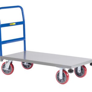 Discover the Little Giant Platform Trucks with Corner Bumpers. Designed with a flat, gray platform, blue handle, and four red wheels for easy maneuverability and safe transport of heavy items thanks to its durable build.