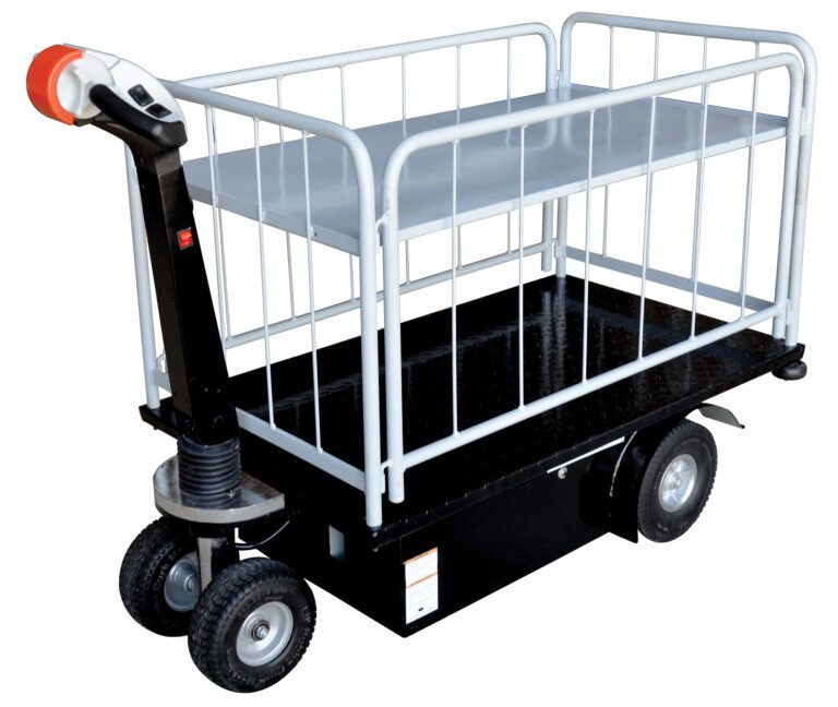 NE-CART-3_A.jpg The Vestil Traction Drive Cart-1 Shelfs-Side Load features a sleek black base with four wheels and a steering handle. It includes side rails to secure cargo and an upper metal shelf for extra storage, ideal for efficient, side-load transport.