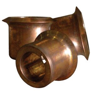Three cylindrical bronze bushings from a Vestil Drum Deheader are against a white background. With flared ends and a shiny, worn surface, each measures approximately 1.5 X 2 X 2 inches.