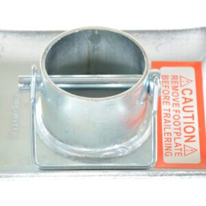 The Vestil Trailer Jack Nose Base Pad includes a sturdy rectangular metal foot plate with a cylindrical holder and pin, featuring a bold red label warning, CAUTION REMOVE FOOT PLATE BEFORE TRAILERING, for added safety.